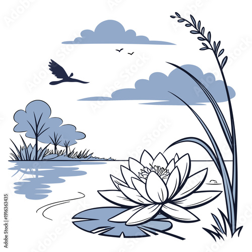 A serene landscape with a water lily and a bird in flight