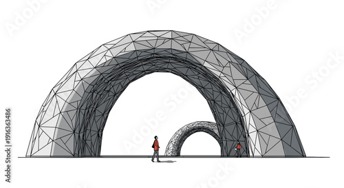 Large architectural archway with a complex geometric pattern stands in an open space as people walk underneath the structure.