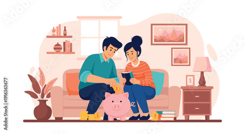 Young couple sits together on a sofa at home and happily saves money by putting gold coins into a pink plastic piggy bank.