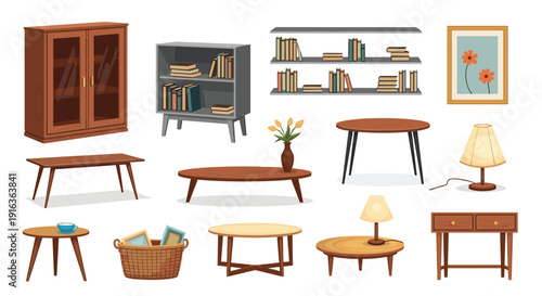 Extensive collection of furniture items includes bookshelves, coffee tables, lamps, cabinets, and decorative accessories.
