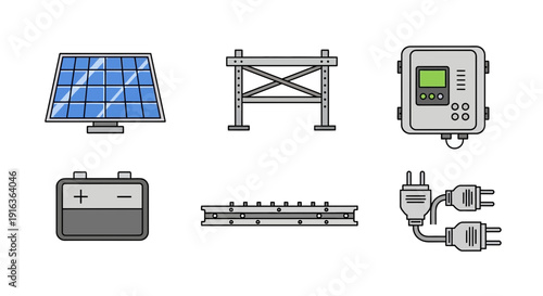 Solar Panel System Icons: Energy, Power, Technology, Renewable Concept