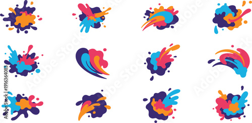 Vibrant colorful paint splash vector set with dynamic liquid bursts abstract pop art shapes and creative messy ink blotches for festive digital background design elements.
