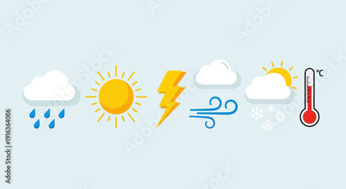 Weather Icons: Rain, Sun, Lightning, Wind, Snow, Thermometer