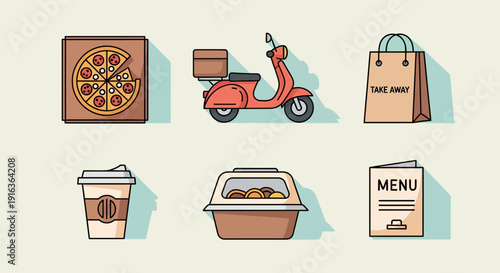 Food Delivery Icons: Pizza, Scooter, Takeaway Bag, Coffee Cup