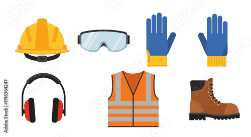 Construction Safety Icons: Hard Hat, Goggles, Gloves, Earmuffs, Vest, Boots