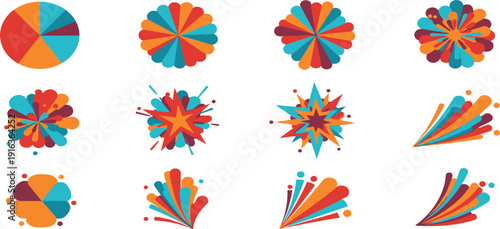 Vibrant starburst vector icon set with colorful radial explosions dynamic firework shapes and abstract geometric flares for festive marketing promotion and pop art design elements.