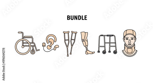 Disability Aids Icons: Wheelchair, Prosthetic, Crutches, Walker, Hearing Aid