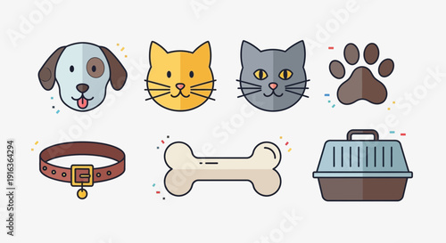 Cute Pet Icons: Dog, Cat, Paw Print, Bone, Collar, Carrier