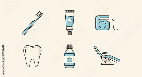 Dental Care Flat Icons: Toothbrush, Toothpaste, Floss, and Dental Chair