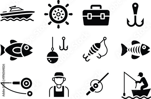 Fishing icons set, boat hook fish lure rod tackle box vector collection isolated on white background