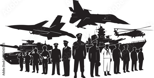 Military force vector silhouette illustration, various vehicles and soldiers line art collection