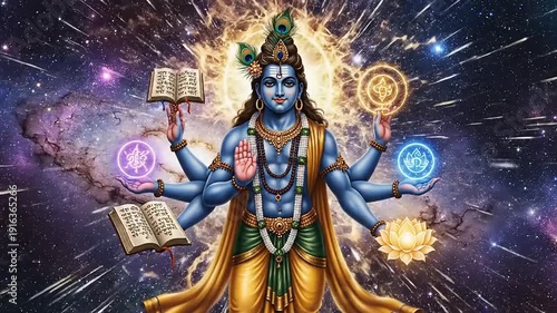 Experience the divine splendor of the cosmic preserver, Lord Vishnu, an ethereal multi-armed deity radiating universal energy and ancient wisdom amidst a celestial expanse