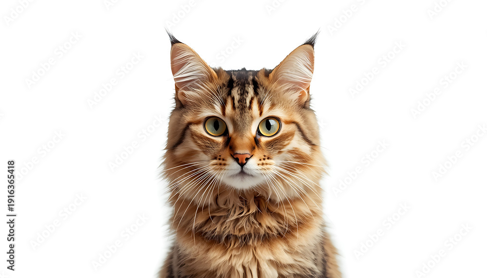 Fototapeta premium Curious tabby cat gazing directly into the camera with a focused expression isolated on white background, Vector