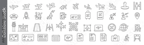 Air travel and airport icon set – editable outline symbols of airplane, crash, flight, passport, ticket, runway, pilot, cabin crew and luggage