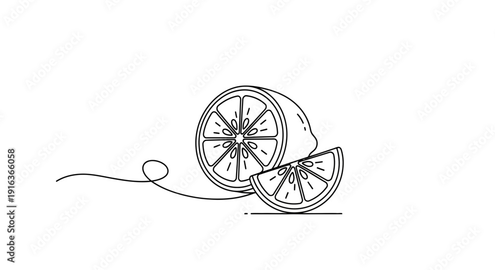 Fototapeta premium Minimalist Line Art Lemon Slice and Whole Lemon, Fresh Citrus Fruit Illustration