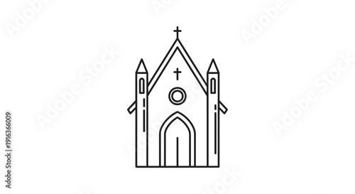 Minimalist Line Art Icon of a Gothic Church Building with Cross and Rose Window