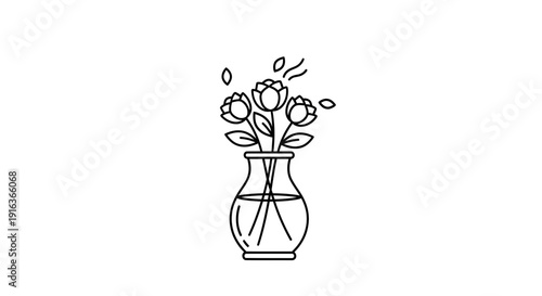 Minimalist line art illustration of a vase with blooming flowers and falling petals