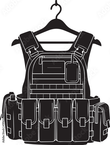 Tactical vest vector silhouette illustration, modern military body armor line art design