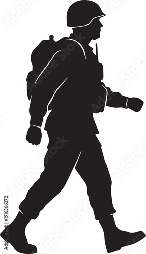 Soldier walking vector silhouette illustration, military figure with backpack line art
