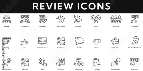 Review icon collection contains feedback, testimonials, opinion, approval, like, dislike, satisfied, comment, endorsement, customer, response, rate, quote. Editable stroke vector illustration icon set