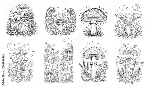 Magical mushrooms with crystals and stars vector set. Fantasy fly agaric, moss, ferns, crescent moon. Black and white line art for coloring book