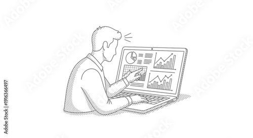 Man analyzing data on laptop, business growth charts, financial reports, digital analytics concept