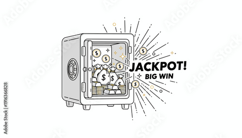 Jackpot Big Win Safe Full of Money and Gold Coins, Winning Lottery or Casino Prize