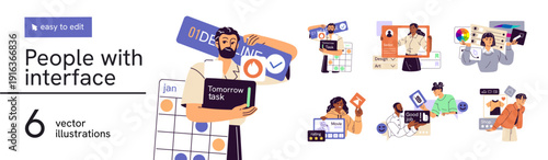 People with mobile app interface elements set. Concept of UX UI design. UIUX designers hold GUI for phone applications. Digital redesign. Flat isolated vector illustration on white background