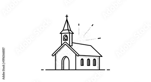 Hand-drawn church icon with bell tower and steeple, simple line art illustration