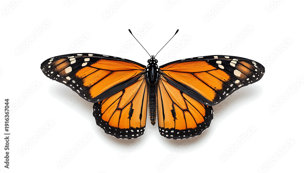 Obraz premium Vibrant orange and black monarch butterfly in flight pose against white background isolated on white background, Vector