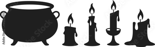 Halloween witch cauldron and dripping candles silhouette set, spooky magic objects isolated on white background horror illustration