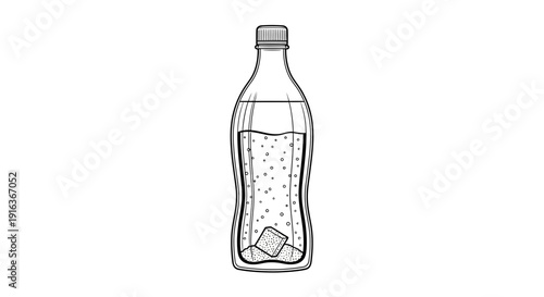 Hand-drawn illustration of a soda bottle with ice cubes and bubbles, refreshing drink concept