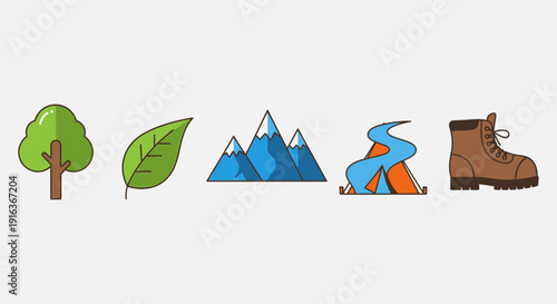 Nature and Outdoors Icons: Tree, Leaf, Mountains, River, Hiking Boot