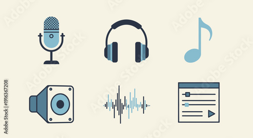 Professional Audio Music Production Sound Icons Flat Vector Illustration Set