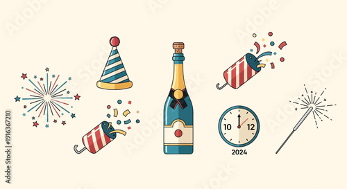Festive New Year Celebration Elements and Party Icons Vector Bundle 2024