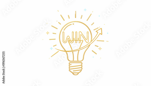 Golden light bulb with "WIN" and upward arrow, symbolizing success, innovation, and bright ideas.