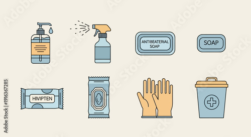 Essential Hygiene Sanitization and Medical Safety Products Flat Icons Set
