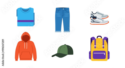 Casual Outfit Flat Icons: Sweater, Jeans, Sneakers, Hoodie, Cap, Backpack