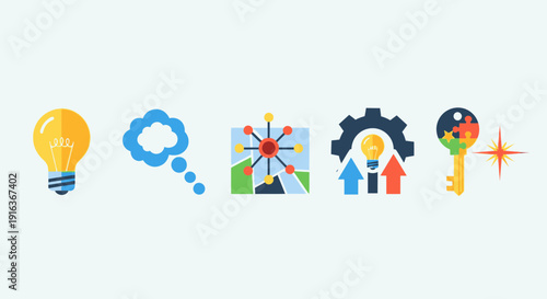 Creative Business Idea & Innovation Strategy Icons. Problem Solving Key