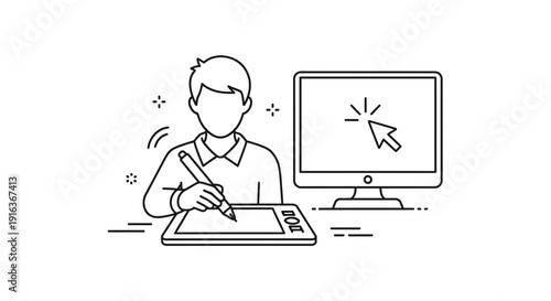 Graphic designer working on digital tablet with computer and cursor icon, illustration