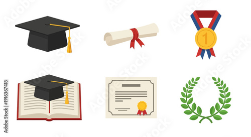 Graduation Education Achievement Icons. Diploma Certificate Success Symbols