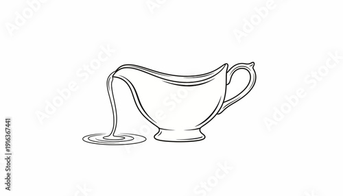 Gravy Boat Pouring Sauce, Line Art Illustration