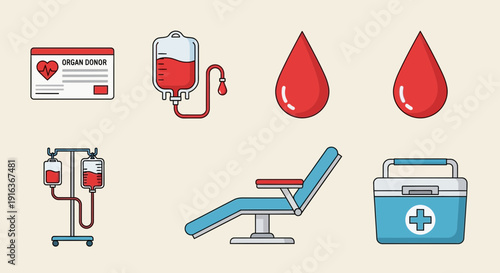 Organ and Blood Donation Icons. Medical Healthcare Life Saving Theme