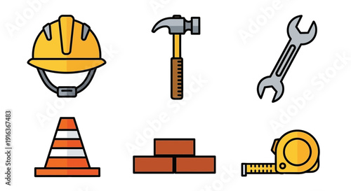 Construction Worker Tools and Safety Equipment Icons. Building Engineering