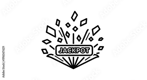 Explosion of Diamonds and Jackpot Sign - Black and White Line Art