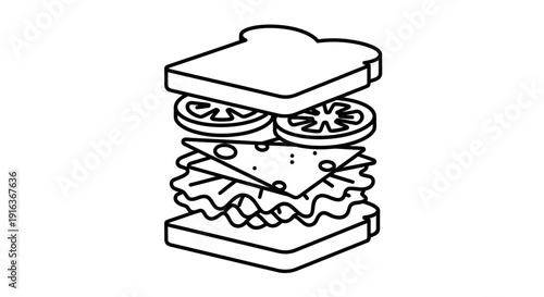 Exploded View Sandwich Icon: Layers of Bread, Cheese, Lettuce, Tomato, and Meat