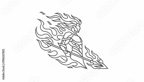 Fiery Warrior with Spear, Mythological Figure, Dynamic Flame Illustration, Fantasy Art