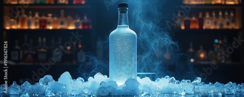 Frosted vodka bottle sits on bar counter surrounded by ice shards. Smoky blue light creates a cool, elegant ambiance. Bar shelves with liquor bottles blur in background, suggesting nightlife setting.