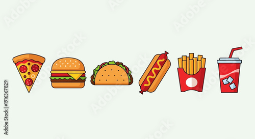 Classic Fast Food Meal Assortment Flat Icons Set - Delicious Unhealthy Eating