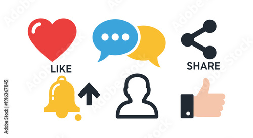 Social Media Engagement and Interaction Flat Icons Set - Digital Community